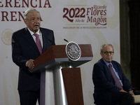 July 19, 2022, Mexico City, Mexico: Mexico’s Health Minister Jorge Alcocer is seen behind Mexico’s President Andres Manuel Lopez Obrador whi...