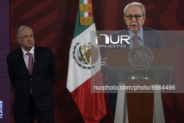 July 19, 2022, Mexico City, Mexico: Mexico’s President Andres Manuel Lopez Obrador is seen behind Mexico’s Health Minister Jorge Alcocer whi...