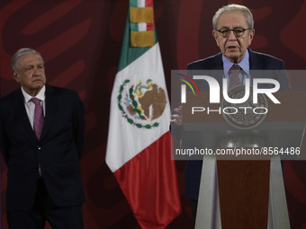 July 19, 2022, Mexico City, Mexico: Mexico’s President Andres Manuel Lopez Obrador is seen behind Mexico’s Health Minister Jorge Alcocer whi...