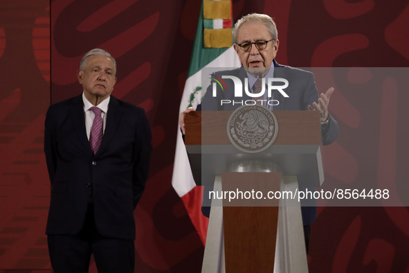 July 19, 2022, Mexico City, Mexico: Mexico’s President Andres Manuel Lopez Obrador is seen behind Mexico’s Health Minister Jorge Alcocer whi...