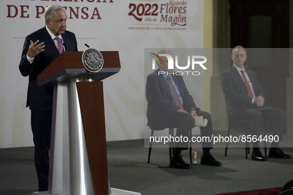 July 19, 2022, Mexico City, Mexico: Mexico’s Health Minister Jorge Alcocer is seen behind Mexico’s President Andres Manuel Lopez Obrador whi...