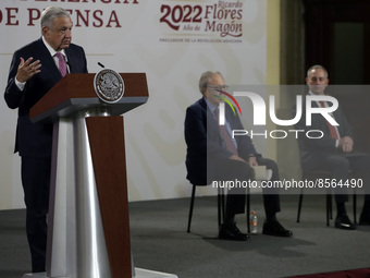 July 19, 2022, Mexico City, Mexico: Mexico’s Health Minister Jorge Alcocer is seen behind Mexico’s President Andres Manuel Lopez Obrador whi...