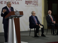 July 19, 2022, Mexico City, Mexico: Mexico’s Health Minister Jorge Alcocer is seen behind Mexico’s President Andres Manuel Lopez Obrador whi...