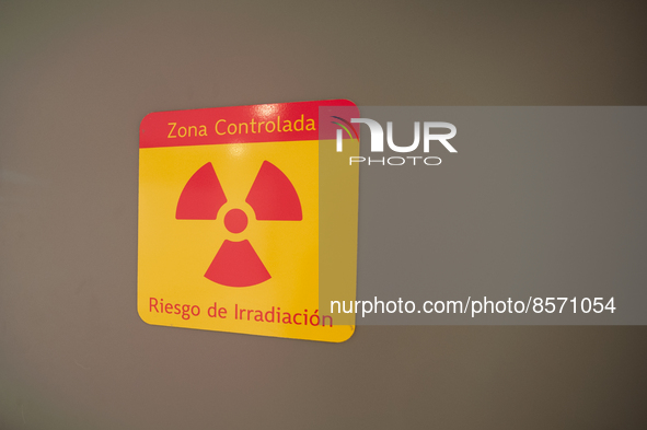 A radiation warning sign seen during the inauguration of the CTIC (Treatment and Investigation on Cancer Centre) the most modern research ce...