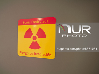 A radiation warning sign seen during the inauguration of the CTIC (Treatment and Investigation on Cancer Centre) the most modern research ce...