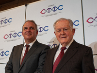 Doctor Rafael Antonio Sanchez Paris, executive director of the CTIC (Left) and Colombian billionaire Luis Carlos Sarmiento Angulo (Right) po...