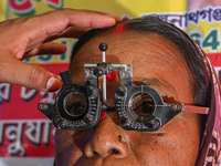 An ophthalmologist checks the eyes of a woman during a free eye-testing camp at Kumirmari village, in the Sundarbans, on July 26, 2022. The...