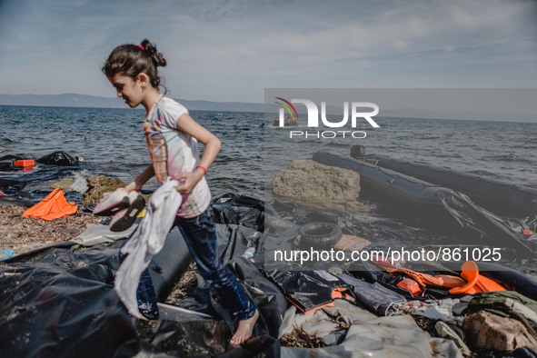 A migrant boat sails towards the shores of Lesbos, Greece from Turkey, Greece, on September 26, 2015.  