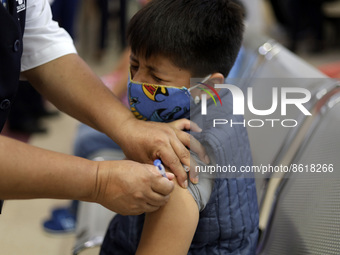 A child receives the first dose of Pfizer's during the pediatric vaccination campaign for children under 8 years of age   against Covid19 at...