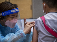 A women wearing a face shield and PPE administering a jab of the Sinova CoronaVac vaccine made by Sinovac Biotech Ltd. a Chinese biopharmace...