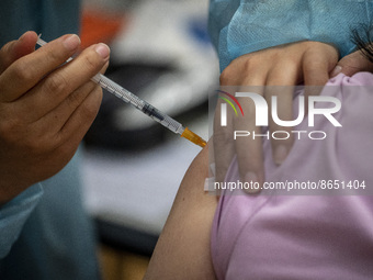 People waiting in line to get a jab of the Sinova CoronaVac vaccine made by Sinovac Biotech Ltd. a Chinese biopharmaceutical company at a Va...