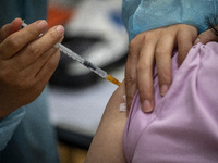 People waiting in line to get a jab of the Sinova CoronaVac vaccine made by Sinovac Biotech Ltd. a Chinese biopharmaceutical company at a Va...