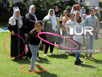 Palestinians participate in a fun day as part of community mental health programs after the latest conflict between Israel and Palestinian m...