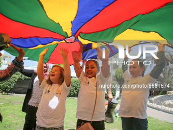 Palestinians participate in a fun day as part of community mental health programs after the latest conflict between Israel and Palestinian m...