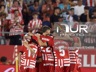 Girona players celebrate their second goal during the La Liga Santander match between Girona FC and Getafe CF at Montilivi Stadium on August...