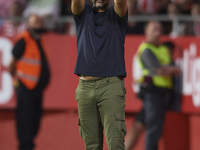 Michel Sanchez head coach of Girona reacts during the La Liga Santander match between Girona FC and Getafe CF at Montilivi Stadium on August...