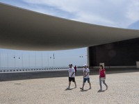 People are seen performing outdoor activities in the surroundings of the Tejo river promenade in Oriente. Lisbon, August 23, 2022. Portugal...