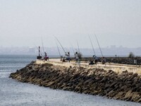 People are seen performing outdoor activities in the surroundings of the Tejo river promenade in Oriente. Lisbon, August 23, 2022. The manda...