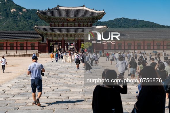 High school students enter Gyeongbokgung Palace for a school trip on September 1st, 2022 in Seoul, South Korea. The government will suspend...