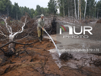 Rescuer extinguishes peat soil fires near the village of Sosnivka in the Kyiv Region, Ukraine September 6, 2022 (