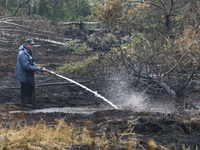 Rescuer extinguishes peat soil fires near the village of Sosnivka in the Kyiv Region, Ukraine September 6, 2022 (