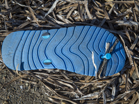 Blue rubber flip-flop found near Skala Sikaminias on the island of Lesbos.  Shoes found on the beaches and around the Greek island where tho...