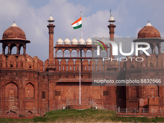 The Indian national flag flies half-mast at the historic Red Fort, as India observes one-day state mourning following the death of Queen Eli...