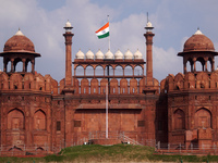 The Indian national flag flies half-mast at the historic Red Fort, as India observes one-day state mourning following the death of Queen Eli...