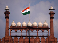 The Indian national flag flies half-mast at the historic Red Fort, as India observes one-day state mourning following the death of Queen Eli...