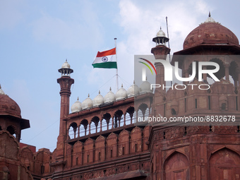 The Indian national flag flies half-mast at the historic Red Fort, as India observes one-day state mourning following the death of Queen Eli...