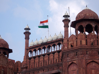 The Indian national flag flies half-mast at the historic Red Fort, as India observes one-day state mourning following the death of Queen Eli...