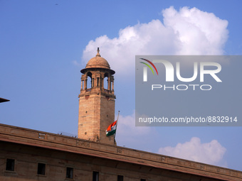 The Indian national flag flies half-mast at North Block, as India observes one-day state mourning following the death of Queen Elizabeth II,...