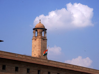 The Indian national flag flies half-mast at North Block, as India observes one-day state mourning following the death of Queen Elizabeth II,...