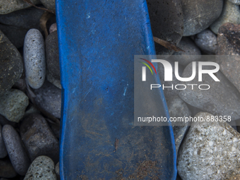 Part of a rubber flipflop found near Eftalou on the island of Lesbos.  Shoes found on the beaches and around the Greek island where thousand...