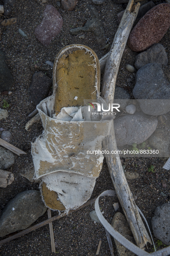 Woman's slip on shoe found near Eftalou on the island of Lesbos.  Shoes found on the beaches and around the Greek island where thousands of...