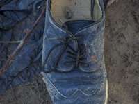 Blue leather Pierre Cardin wingtip shoe found near Eftalou on the island of Lesbos.  Shoes found on the beaches and around the Greek island...