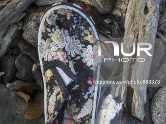 Girl's sneaker with floral designs found near Eftalou on the island of Lesbos.  Shoes found on the beaches and around the Greek island where...