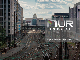 The U.S. Capitol is seen beyond commuter and freight railway tracks in Washington, D.C. on September 14, 2022 as a potential nationwide labo...