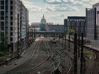 The U.S. Capitol is seen beyond commuter and freight railway tracks in Washington, D.C. on September 14, 2022 as a potential nationwide labo...