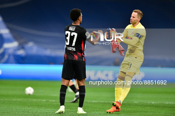 Abdou Diallo and Peter Gulacsi during UEFA Champions League match between Real Madrid and RB Leipzig at Estadio Santiago Bernabeu on Septemb...