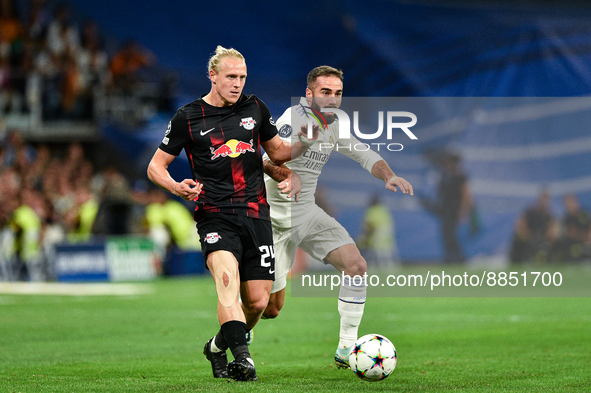 Xaver Schlager and Daniel Carvajal during UEFA Champions League match between Real Madrid and RB Leipzig at Estadio Santiago Bernabeu on Sep...