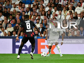 Rodrygo and Amadou Haidara during UEFA Champions League match between Real Madrid and RB Leipzig at Estadio Santiago Bernabeu on September 1...
