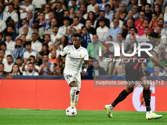 Vinicius Junior during UEFA Champions League match between Real Madrid and RB Leipzig at Estadio Santiago Bernabeu on September 14, 2022 in...