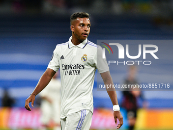 Rodrygo during UEFA Champions League match between Real Madrid and RB Leipzig at Estadio Santiago Bernabeu on September 14, 2022 in Madrid,...