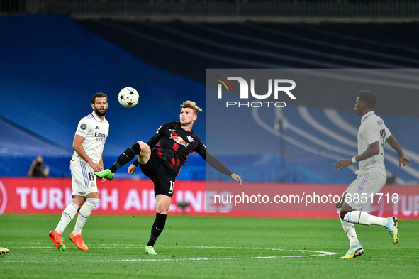 Timo Werner, Nacho and Aurelien Tchouameni during UEFA Champions League match between Real Madrid and RB Leipzig at Estadio Santiago Bernabe...