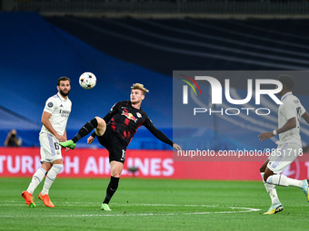 Timo Werner, Nacho and Aurelien Tchouameni during UEFA Champions League match between Real Madrid and RB Leipzig at Estadio Santiago Bernabe...