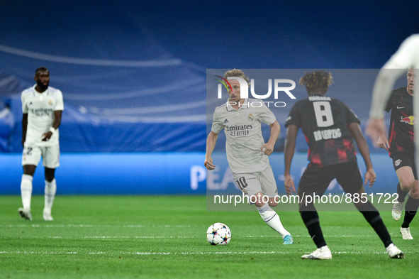 Luka Modric and Amadou Haidara during UEFA Champions League match between Real Madrid and RB Leipzig at Estadio Santiago Bernabeu on Septemb...