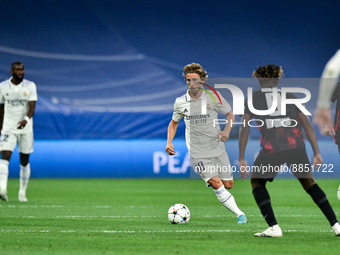 Luka Modric and Amadou Haidara during UEFA Champions League match between Real Madrid and RB Leipzig at Estadio Santiago Bernabeu on Septemb...