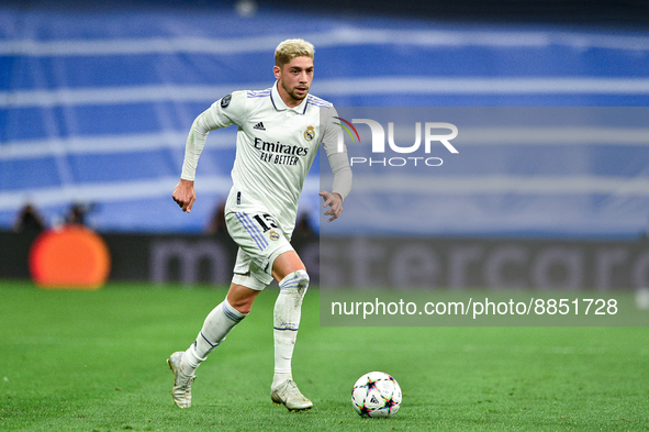 Federico Valverde during UEFA Champions League match between Real Madrid and RB Leipzig at Estadio Santiago Bernabeu on September 14, 2022 i...