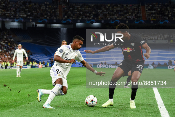 Rodrygo and Abdou Diallo during UEFA Champions League match between Real Madrid and RB Leipzig at Estadio Santiago Bernabeu on September 14,...